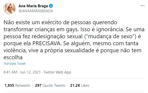 Ana Maria Braga fala sobre gays e LGBT no Twitter