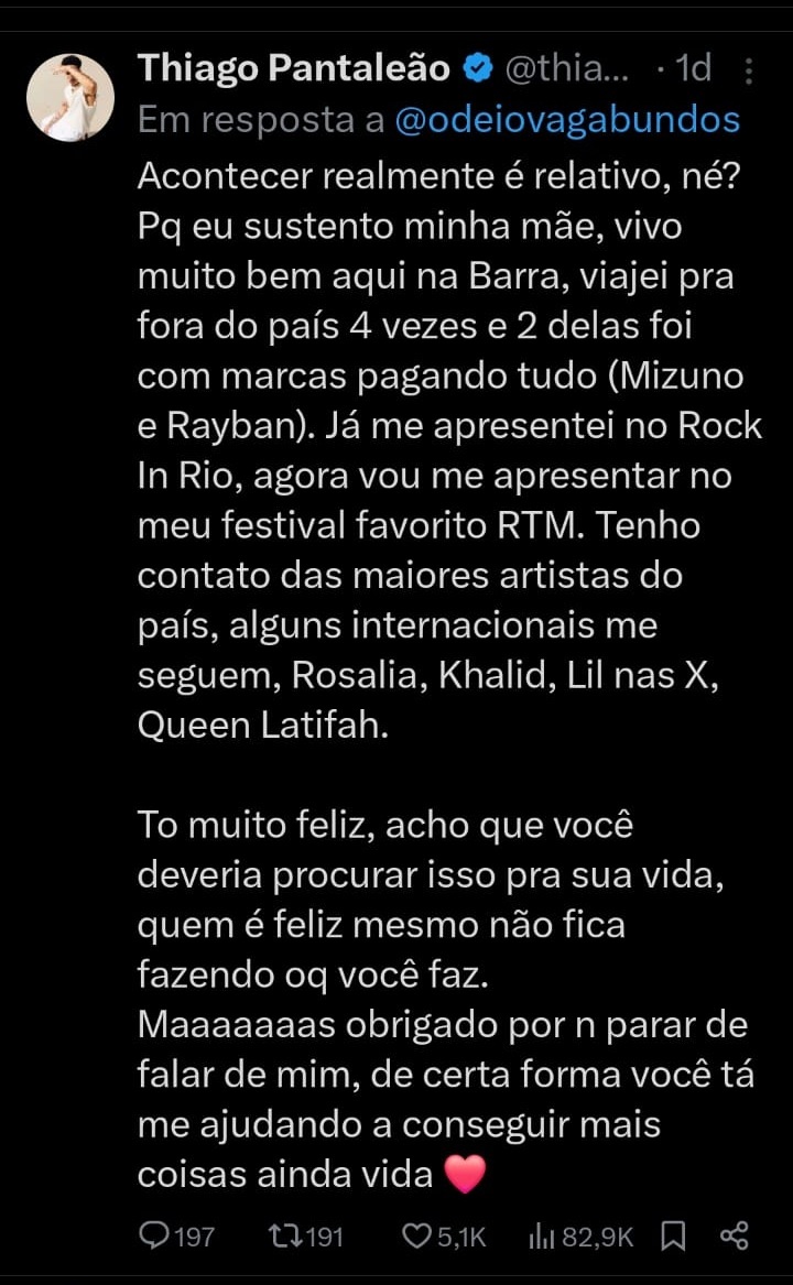 Resposta de Thiago Pantaleão no X